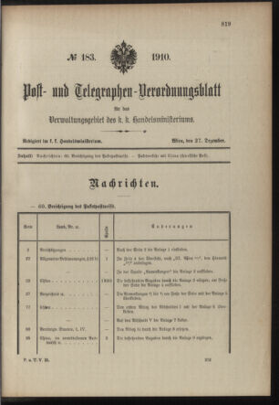 Post- und Telegraphen-Verordnungsblatt für das Verwaltungsgebiet des K.-K. Handelsministeriums 19101227 Seite: 1