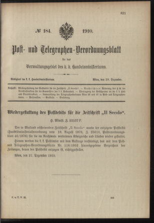 Post- und Telegraphen-Verordnungsblatt für das Verwaltungsgebiet des K.-K. Handelsministeriums 19101229 Seite: 1