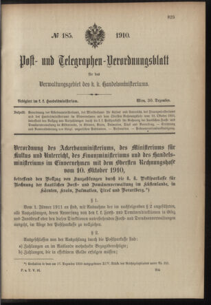 Post- und Telegraphen-Verordnungsblatt für das Verwaltungsgebiet des K.-K. Handelsministeriums 19101230 Seite: 1