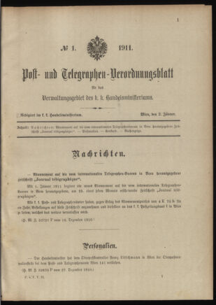 Post- und Telegraphen-Verordnungsblatt für das Verwaltungsgebiet des K.-K. Handelsministeriums 19110102 Seite: 1