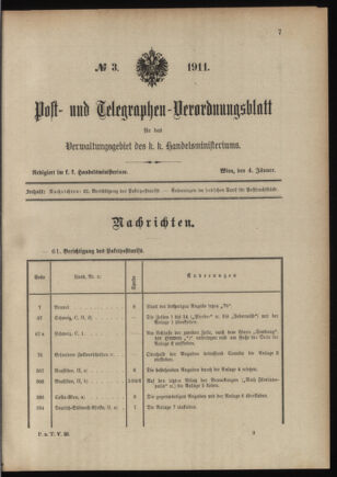 Post- und Telegraphen-Verordnungsblatt für das Verwaltungsgebiet des K.-K. Handelsministeriums 19110104 Seite: 1