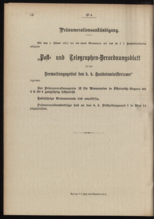 Post- und Telegraphen-Verordnungsblatt für das Verwaltungsgebiet des K.-K. Handelsministeriums 19110107 Seite: 4