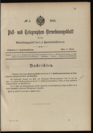 Post- und Telegraphen-Verordnungsblatt für das Verwaltungsgebiet des K.-K. Handelsministeriums 19110111 Seite: 1