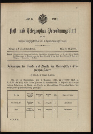 Post- und Telegraphen-Verordnungsblatt für das Verwaltungsgebiet des K.-K. Handelsministeriums 19110116 Seite: 1