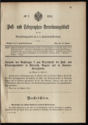 Post- und Telegraphen-Verordnungsblatt für das Verwaltungsgebiet des K.-K. Handelsministeriums 19110119 Seite: 1