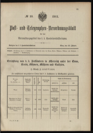 Post- und Telegraphen-Verordnungsblatt für das Verwaltungsgebiet des K.-K. Handelsministeriums 19110125 Seite: 1