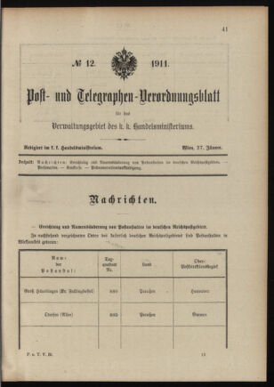 Post- und Telegraphen-Verordnungsblatt für das Verwaltungsgebiet des K.-K. Handelsministeriums 19110127 Seite: 1