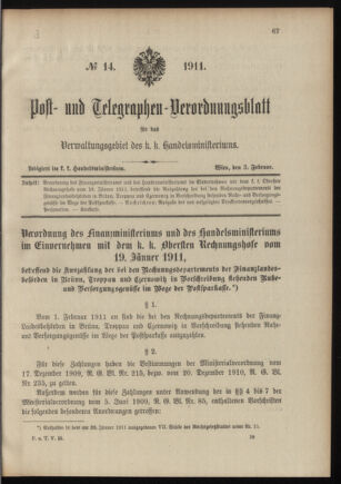 Post- und Telegraphen-Verordnungsblatt für das Verwaltungsgebiet des K.-K. Handelsministeriums 19110203 Seite: 1