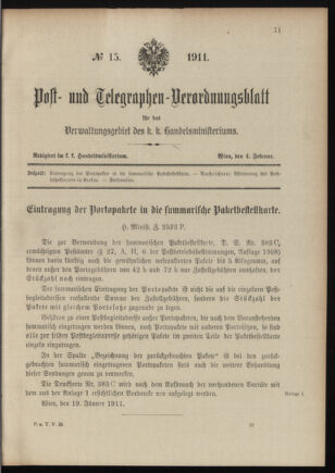 Post- und Telegraphen-Verordnungsblatt für das Verwaltungsgebiet des K.-K. Handelsministeriums 19110204 Seite: 1