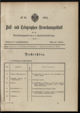 Post- und Telegraphen-Verordnungsblatt für das Verwaltungsgebiet des K.-K. Handelsministeriums 19110207 Seite: 1