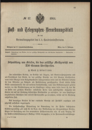 Post- und Telegraphen-Verordnungsblatt für das Verwaltungsgebiet des K.-K. Handelsministeriums 19110208 Seite: 1