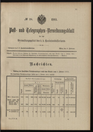 Post- und Telegraphen-Verordnungsblatt für das Verwaltungsgebiet des K.-K. Handelsministeriums 19110209 Seite: 1