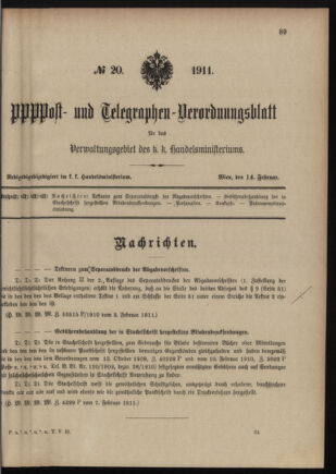 Post- und Telegraphen-Verordnungsblatt für das Verwaltungsgebiet des K.-K. Handelsministeriums 19110214 Seite: 1