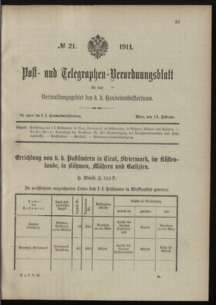 Post- und Telegraphen-Verordnungsblatt für das Verwaltungsgebiet des K.-K. Handelsministeriums 19110215 Seite: 1