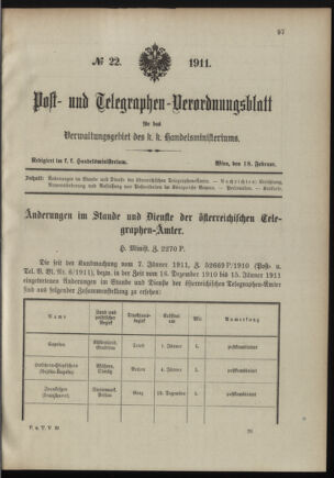 Post- und Telegraphen-Verordnungsblatt für das Verwaltungsgebiet des K.-K. Handelsministeriums 19110218 Seite: 1