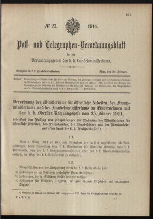 Post- und Telegraphen-Verordnungsblatt für das Verwaltungsgebiet des K.-K. Handelsministeriums 19110221 Seite: 1