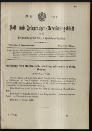 Post- und Telegraphen-Verordnungsblatt für das Verwaltungsgebiet des K.-K. Handelsministeriums 19110222 Seite: 1