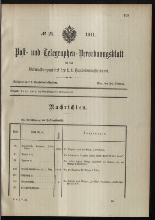 Post- und Telegraphen-Verordnungsblatt für das Verwaltungsgebiet des K.-K. Handelsministeriums 19110224 Seite: 1