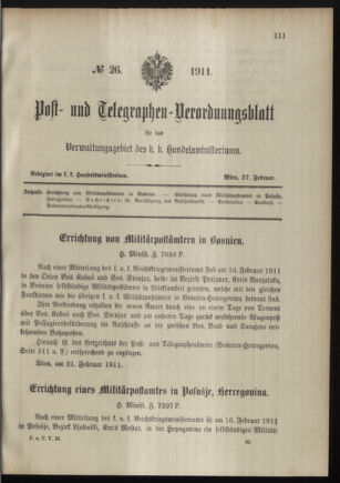 Post- und Telegraphen-Verordnungsblatt für das Verwaltungsgebiet des K.-K. Handelsministeriums 19110227 Seite: 1