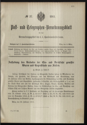 Post- und Telegraphen-Verordnungsblatt für das Verwaltungsgebiet des K.-K. Handelsministeriums 19110303 Seite: 1