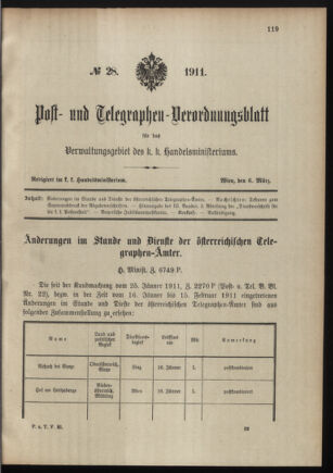 Post- und Telegraphen-Verordnungsblatt für das Verwaltungsgebiet des K.-K. Handelsministeriums 19110306 Seite: 1