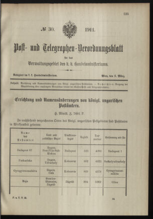 Post- und Telegraphen-Verordnungsblatt für das Verwaltungsgebiet des K.-K. Handelsministeriums 19110309 Seite: 1