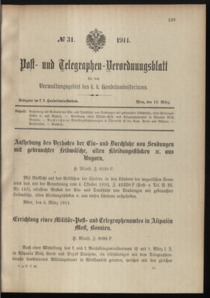 Post- und Telegraphen-Verordnungsblatt für das Verwaltungsgebiet des K.-K. Handelsministeriums 19110310 Seite: 1