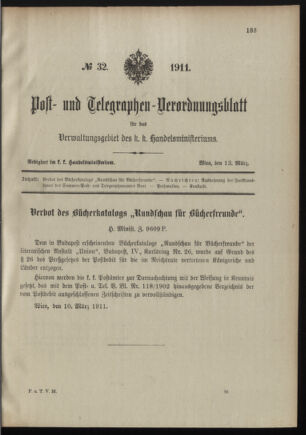 Post- und Telegraphen-Verordnungsblatt für das Verwaltungsgebiet des K.-K. Handelsministeriums 19110313 Seite: 1