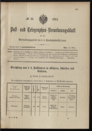 Post- und Telegraphen-Verordnungsblatt für das Verwaltungsgebiet des K.-K. Handelsministeriums 19110314 Seite: 1