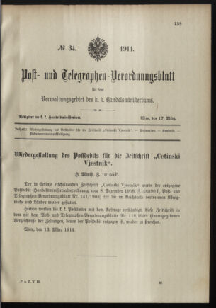 Post- und Telegraphen-Verordnungsblatt für das Verwaltungsgebiet des K.-K. Handelsministeriums 19110317 Seite: 1