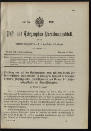 Post- und Telegraphen-Verordnungsblatt für das Verwaltungsgebiet des K.-K. Handelsministeriums 19110318 Seite: 1