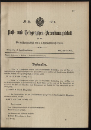 Post- und Telegraphen-Verordnungsblatt für das Verwaltungsgebiet des K.-K. Handelsministeriums 19110323 Seite: 1