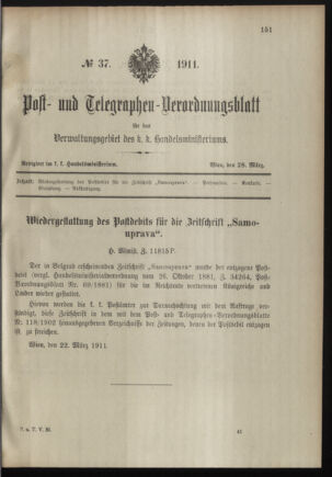 Post- und Telegraphen-Verordnungsblatt für das Verwaltungsgebiet des K.-K. Handelsministeriums 19110328 Seite: 1