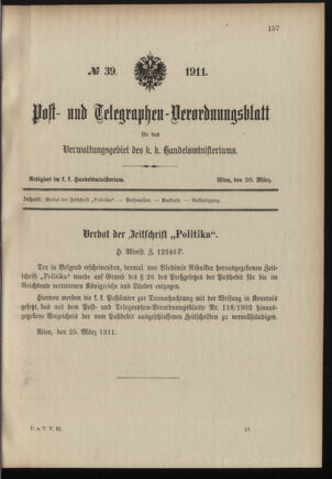 Post- und Telegraphen-Verordnungsblatt für das Verwaltungsgebiet des K.-K. Handelsministeriums 19110330 Seite: 1