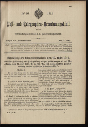 Post- und Telegraphen-Verordnungsblatt für das Verwaltungsgebiet des K.-K. Handelsministeriums 19110331 Seite: 1