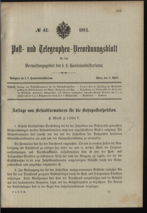 Post- und Telegraphen-Verordnungsblatt für das Verwaltungsgebiet des K.-K. Handelsministeriums 19110403 Seite: 1