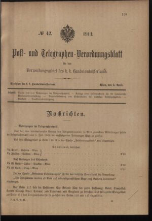 Post- und Telegraphen-Verordnungsblatt für das Verwaltungsgebiet des K.-K. Handelsministeriums 19110405 Seite: 1