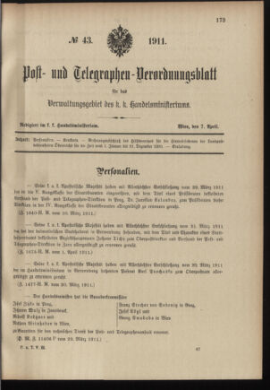 Post- und Telegraphen-Verordnungsblatt für das Verwaltungsgebiet des K.-K. Handelsministeriums 19110407 Seite: 1