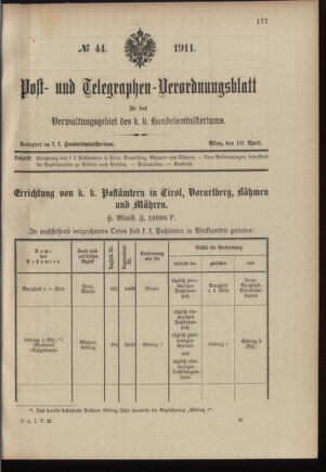 Post- und Telegraphen-Verordnungsblatt für das Verwaltungsgebiet des K.-K. Handelsministeriums 19110410 Seite: 1