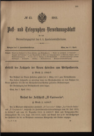 Post- und Telegraphen-Verordnungsblatt für das Verwaltungsgebiet des K.-K. Handelsministeriums 19110411 Seite: 1