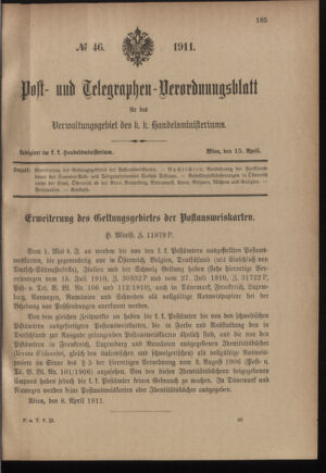 Post- und Telegraphen-Verordnungsblatt für das Verwaltungsgebiet des K.-K. Handelsministeriums 19110415 Seite: 1