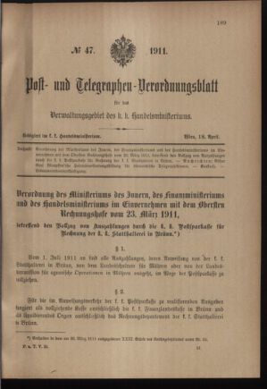 Post- und Telegraphen-Verordnungsblatt für das Verwaltungsgebiet des K.-K. Handelsministeriums 19110418 Seite: 1