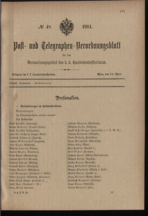 Post- und Telegraphen-Verordnungsblatt für das Verwaltungsgebiet des K.-K. Handelsministeriums 19110419 Seite: 1