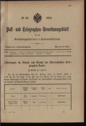 Post- und Telegraphen-Verordnungsblatt für das Verwaltungsgebiet des K.-K. Handelsministeriums 19110420 Seite: 1