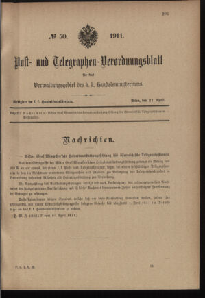 Post- und Telegraphen-Verordnungsblatt für das Verwaltungsgebiet des K.-K. Handelsministeriums 19110421 Seite: 1