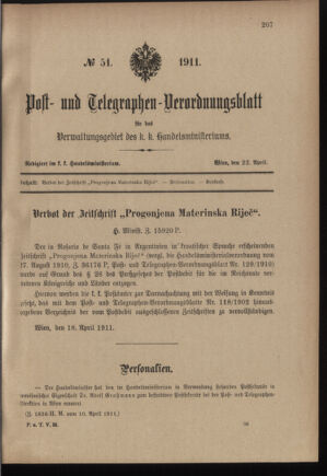 Post- und Telegraphen-Verordnungsblatt für das Verwaltungsgebiet des K.-K. Handelsministeriums