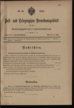 Post- und Telegraphen-Verordnungsblatt für das Verwaltungsgebiet des K.-K. Handelsministeriums 19110427 Seite: 1