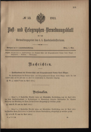 Post- und Telegraphen-Verordnungsblatt für das Verwaltungsgebiet des K.-K. Handelsministeriums 19110501 Seite: 1