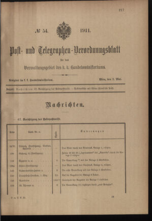 Post- und Telegraphen-Verordnungsblatt für das Verwaltungsgebiet des K.-K. Handelsministeriums 19110502 Seite: 1