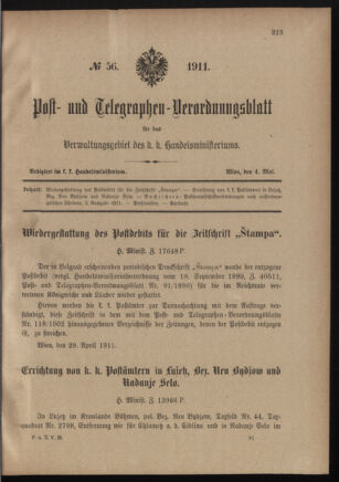 Post- und Telegraphen-Verordnungsblatt für das Verwaltungsgebiet des K.-K. Handelsministeriums 19110504 Seite: 1